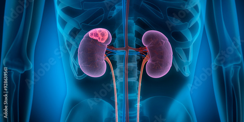 Behang Medically 3D illustration showing a tumor in right kidney, x-ray style