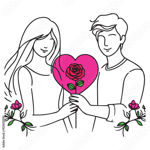 couple with roses, boy and girl holding pink rose vector line art illustration with heart.