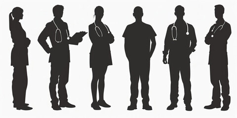 Silhouettes of medical staff in various poses on a white background