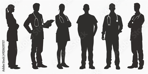 Silhouettes of medical staff in various poses on a white background photo