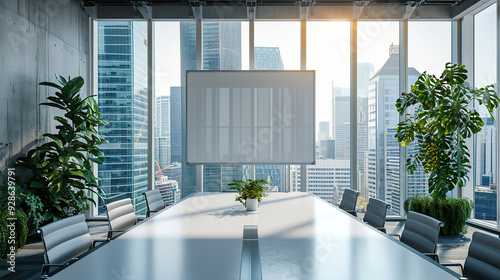 Empty modern white office inside a tall building, featuring large windows with panoramic city views. The clean, minimalistic design emphasizes open space and natural light, creating a bright and profe