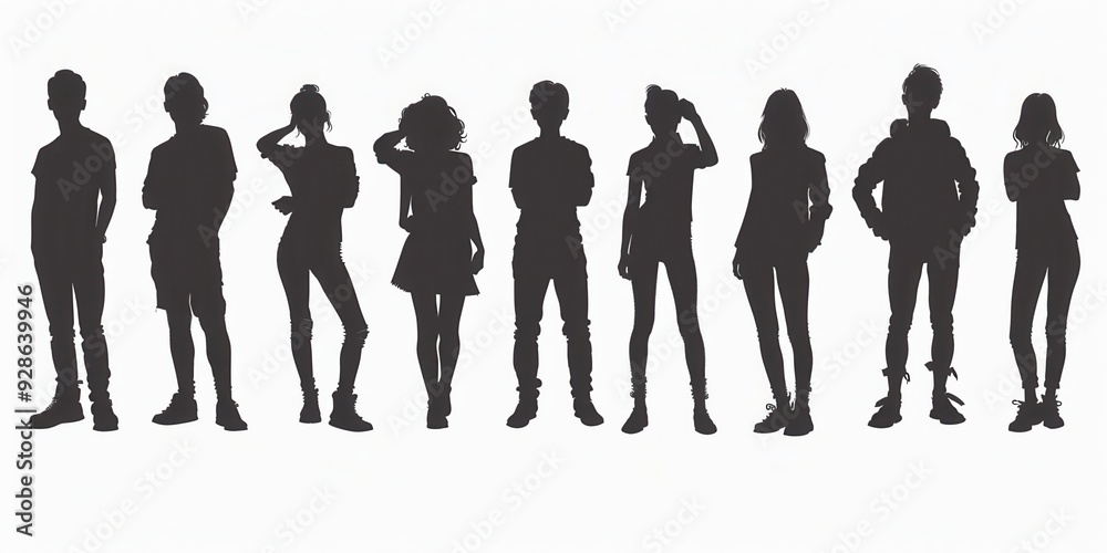 Silhouettes of diverse individuals standing in a row against a light background Silhouettes of diverse individuals standing in a row against a light background