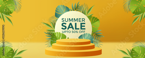 Summer sale background design with podium and tropical leaves