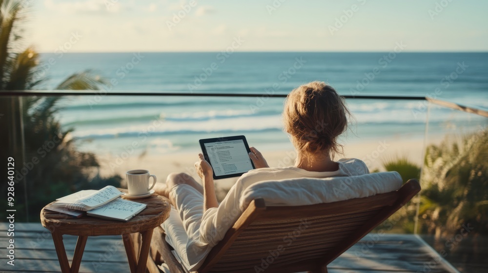 Obraz premium Woman working remotely from luxurious beachfront balcony at sunset