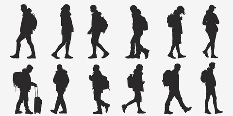 Set of unrecognizable silhouettes of people walking with backpacks in different poses against a neutral background