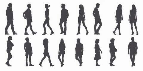 Set of unrecognizable silhouettes of people in various poses and movements against a neutral background