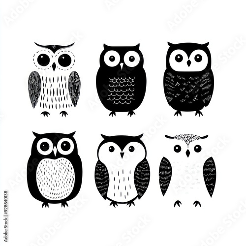 A collection of six stylized owls in black and white, showcasing various designs and patterns.