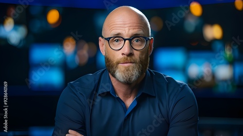 A news program host, he is a physically fit, slender, and enthusiastic middle-aged man with a reddish-brown beard that is kept short and neat. He is bald on top with some facial hair.