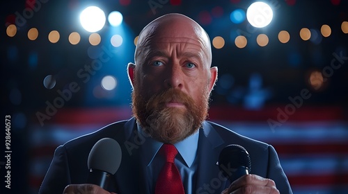 A news program host, he is a physically fit, slender, and enthusiastic middle-aged man with a reddish-brown beard that is kept short and neat. He is bald on top with some facial hair. photo