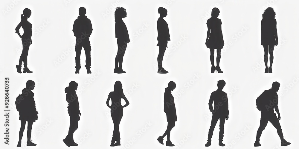 Silhouettes of diverse people standing in various poses against a light background Silhouettes of diverse people standing in various poses against a light background