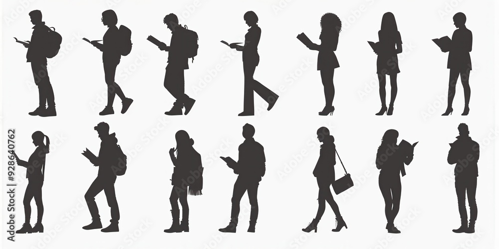 Silhouettes of diverse people reading books in various poses Silhouettes of diverse people reading books in various poses