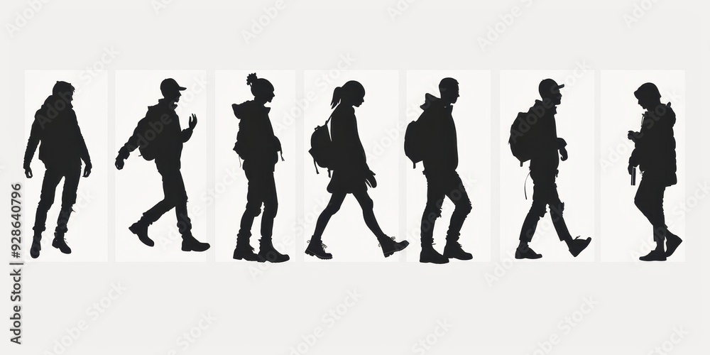 Obraz premium Set of unrecognizable silhouettes of people walking against a neutral background during daylight