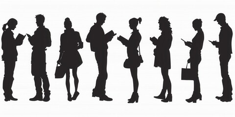 Silhouettes of diverse individuals reading in an urban setting during daytime