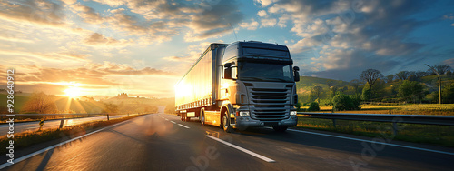 A truck driving on the road at sunset, highlighting the warm glow of the setting sun against the silhouette of the vehicle. The image captures the essence of logistics and transportation during twilig