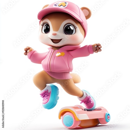 A cute animated character in a pink outfit skating on roller skates.