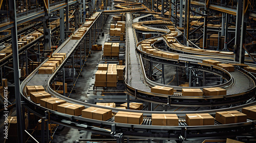 Boxes on a conveyor belt in a warehouse, illustrating the logistics process of moving and sorting items efficiently. The image captures the organized flow and operation of warehouse logistics.

