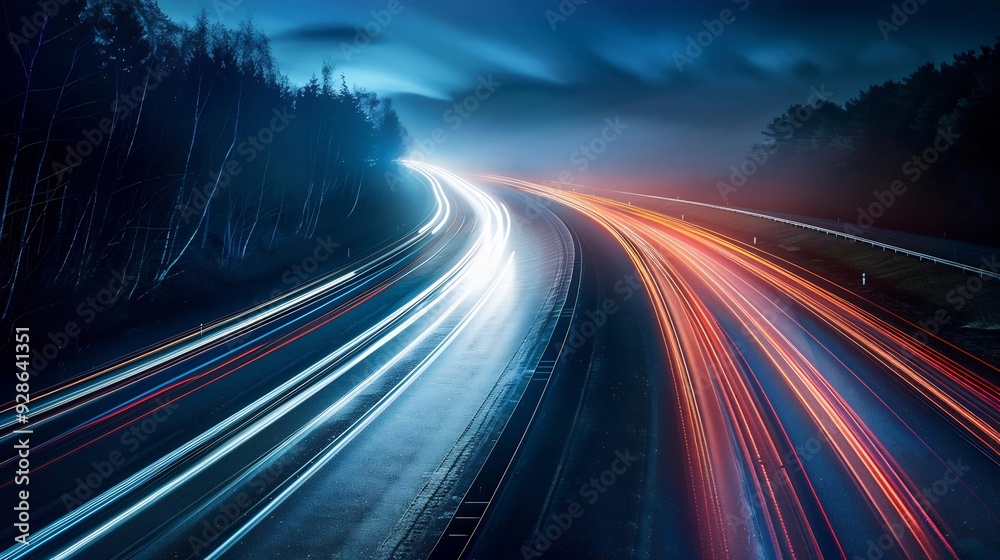 Abstract image of night traffic lights on the road. Car light trails at night in curve asphalt road. Long exposure showing movement of cars from bridge or drone Abstract image of night traffic lights on the road. Car light trails at night in curve asphalt road. Long exposure showing movement of cars from bridge or drone
