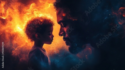 illustration of african american father with his little son on black background concept of father day fathers love relationships between dad and child created with generative ai technology