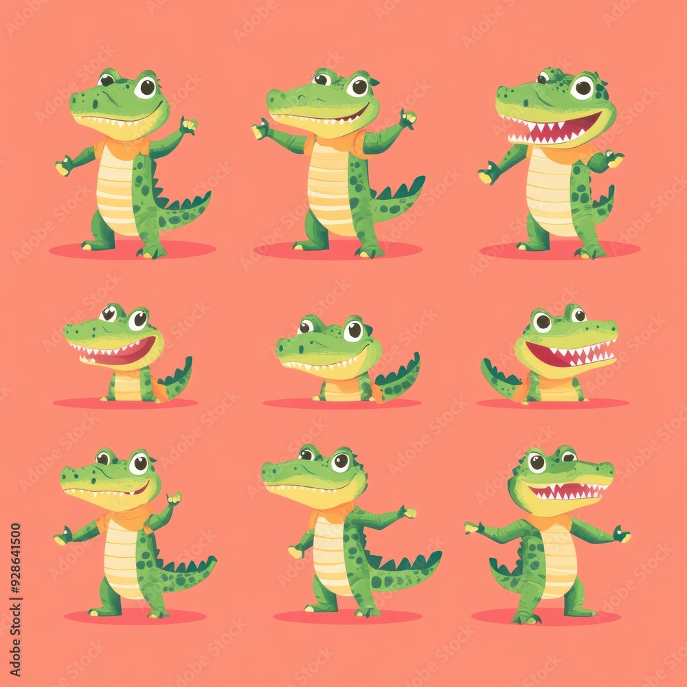 Naklejka premium A colorful illustration of cartoon crocodiles in various poses and expressions.