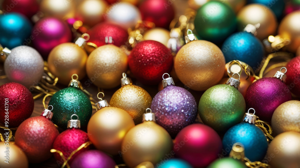 Multi-colored Christmas balls, top view. Christmas background for design, wallpaper, card or any creativity Multi-colored Christmas balls, top view. Christmas background for design, wallpaper, card or any creativity