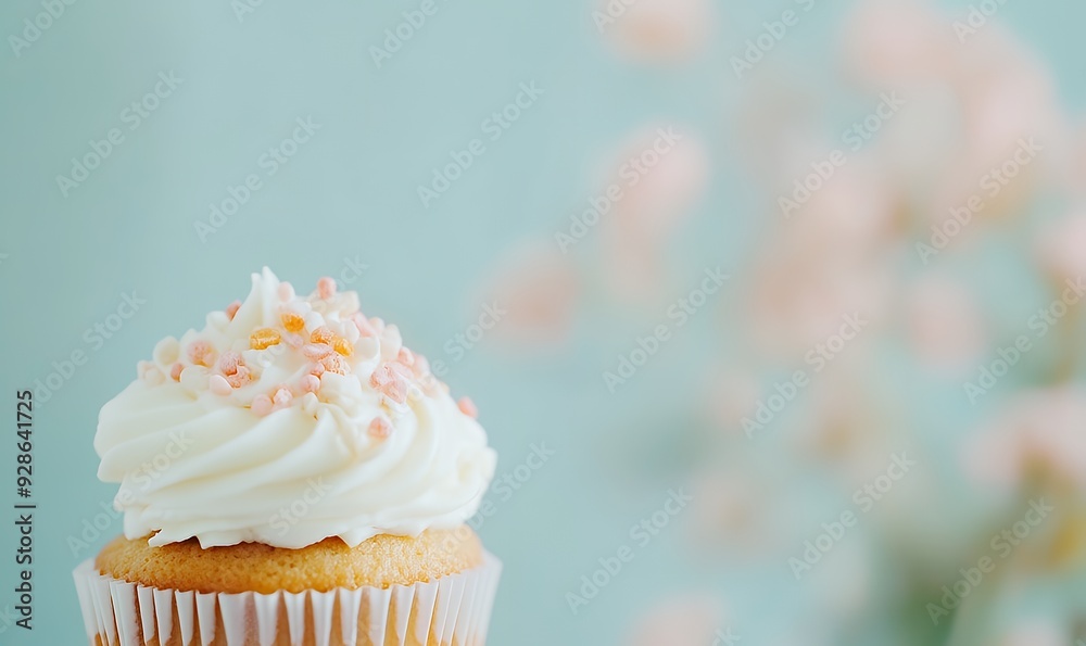 A single cupcake with white frosting and pink and orange sprinkles against a soft blue background. A single cupcake with white frosting and pink and orange sprinkles against a soft blue background.
