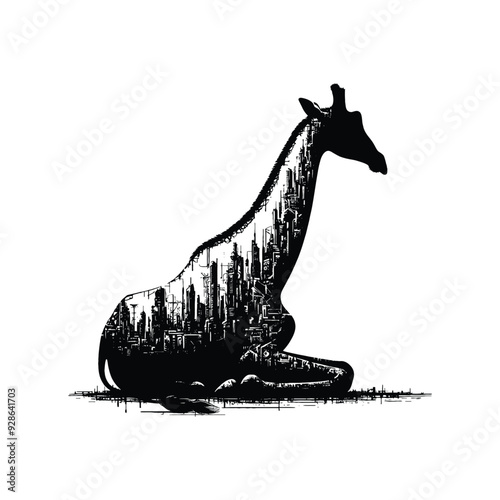 silhouette of Giraffe filled with destroyed futuristic dystopia environment in rough drawing,