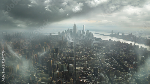 Panoramic view of New York City shrouded in fog, capturing the city's iconic skyline partially obscured by mist. The image highlights the atmospheric and mysterious quality of the cityscape.

