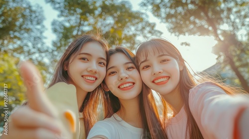 Three Smiling Young Women Taking a Selfie in a Park