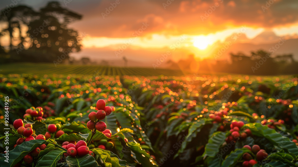 Large agricultural seeded coffee field at sunset. Concept of gardening, ecology. Large agricultural seeded coffee field at sunset. Concept of gardening, ecology.