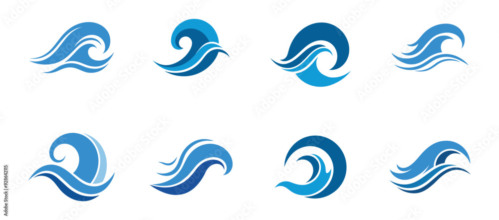 Blue wave icons in different shapes and styles. Vector cartoon illustration, ocean water logotype. Blue wave icons in different shapes and styles. Vector cartoon illustration, ocean water logotype.