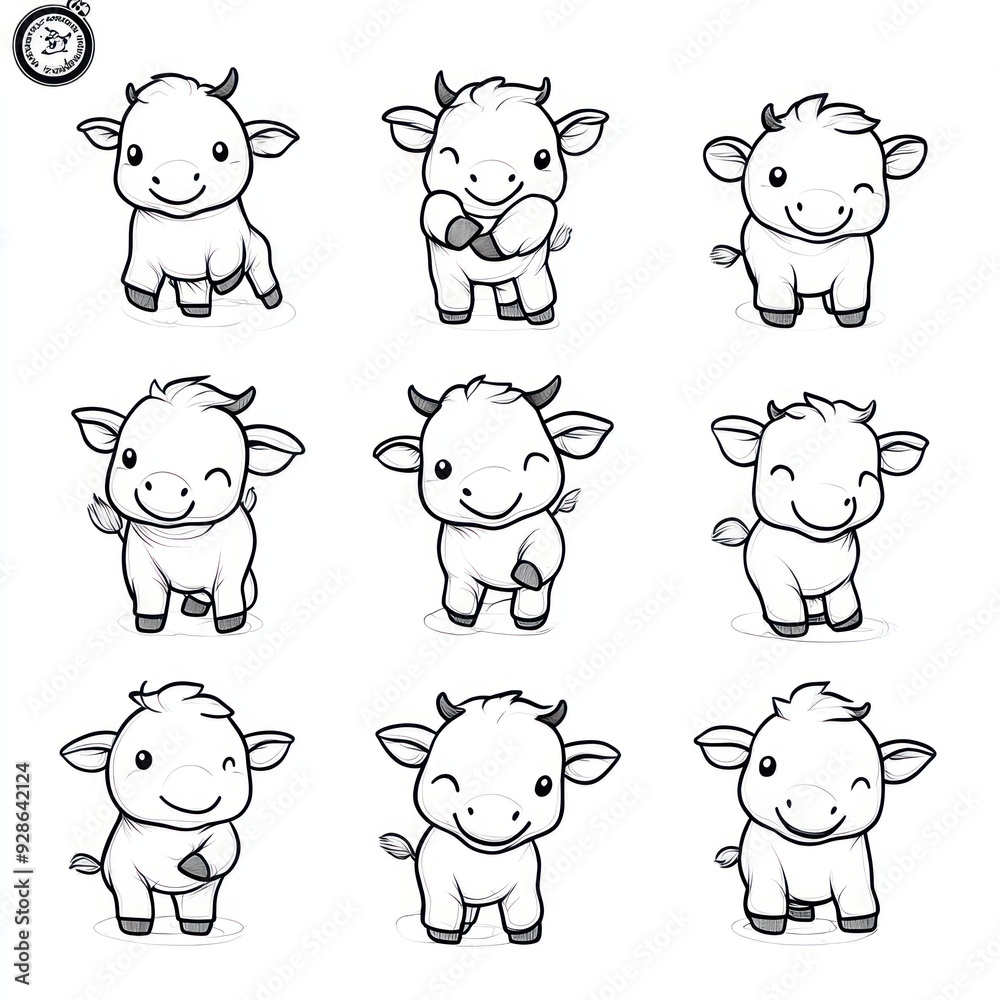 Obraz premium A grid of cute cartoon cows in various poses and expressions.