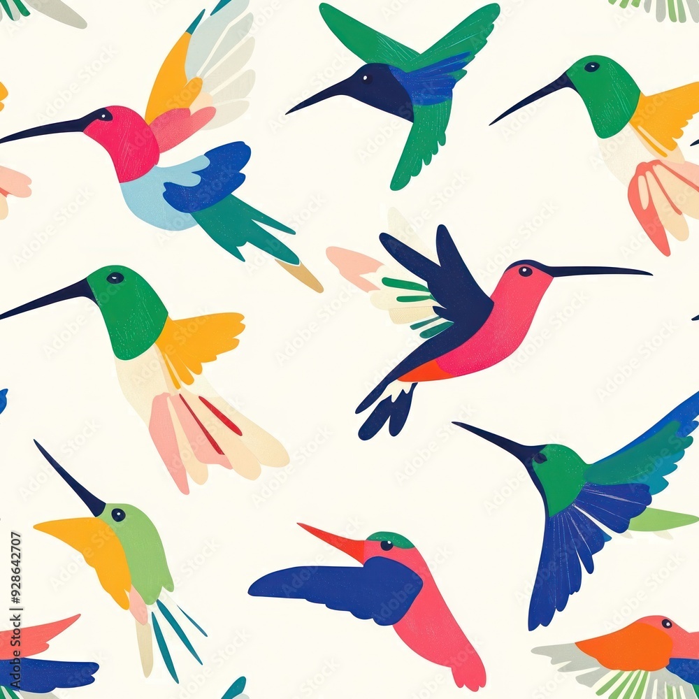 Fototapeta premium A colorful pattern featuring various hummingbirds in flight.