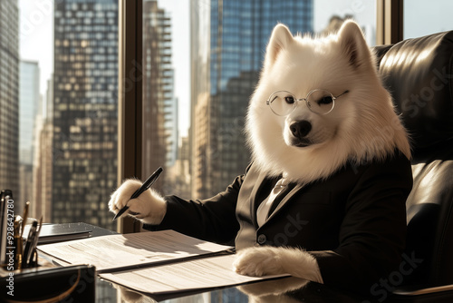  Samoyed Dog in Business Suit Holding Pen in High-Rise Office with City View