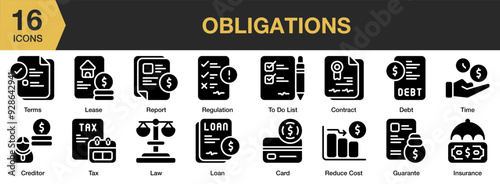 Obligations Glyph icon set. Includes card, contract, creditor, debt, guarante, insurance, and More. Solid icons vector collection.