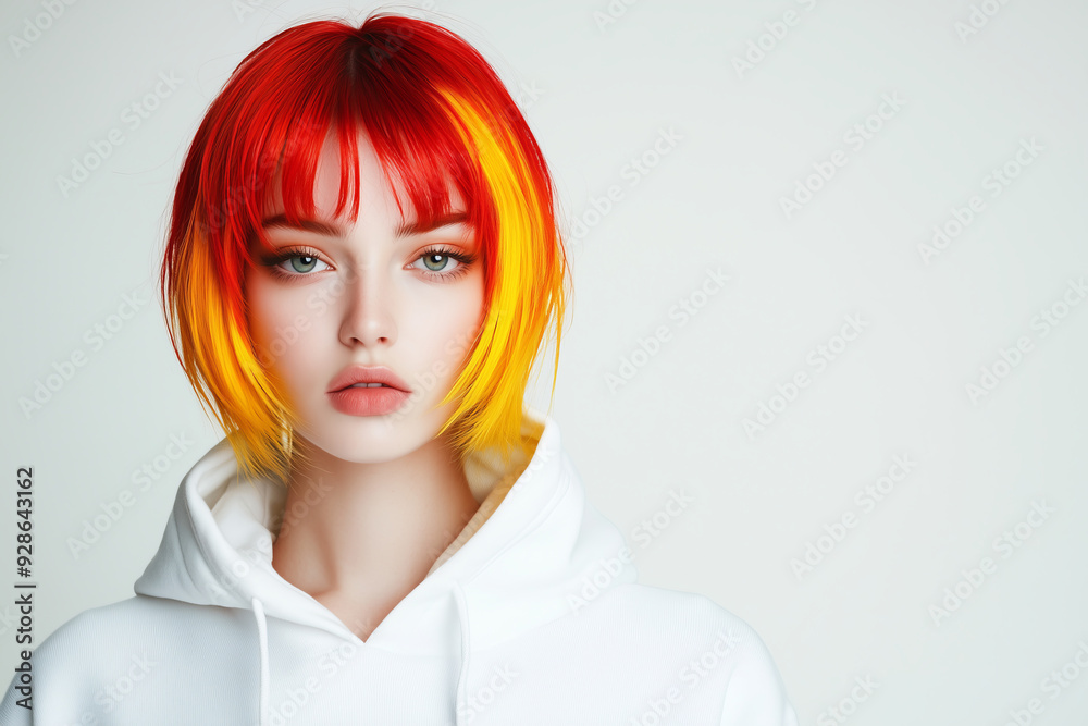 Female Model with Vibrant Red and Yellow Bob Hairstyle in White Hoodie Female Model with Vibrant Red and Yellow Bob Hairstyle in White Hoodie