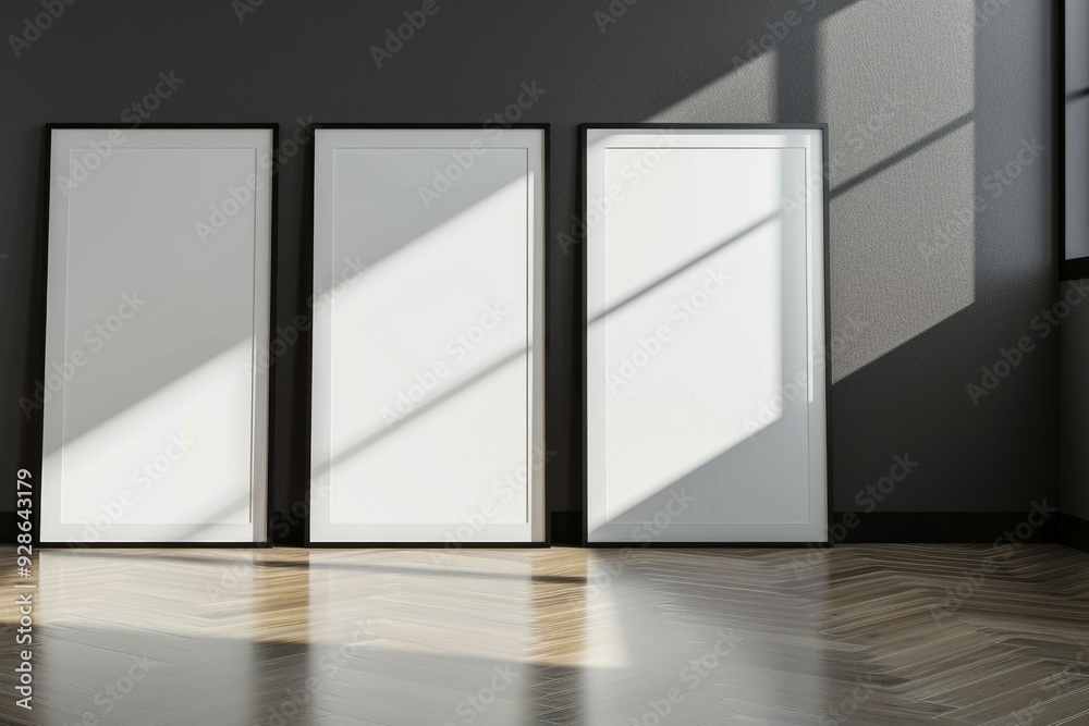 Fototapeta premium Living room black colors, white vertical Mock up frames with glass reflection.