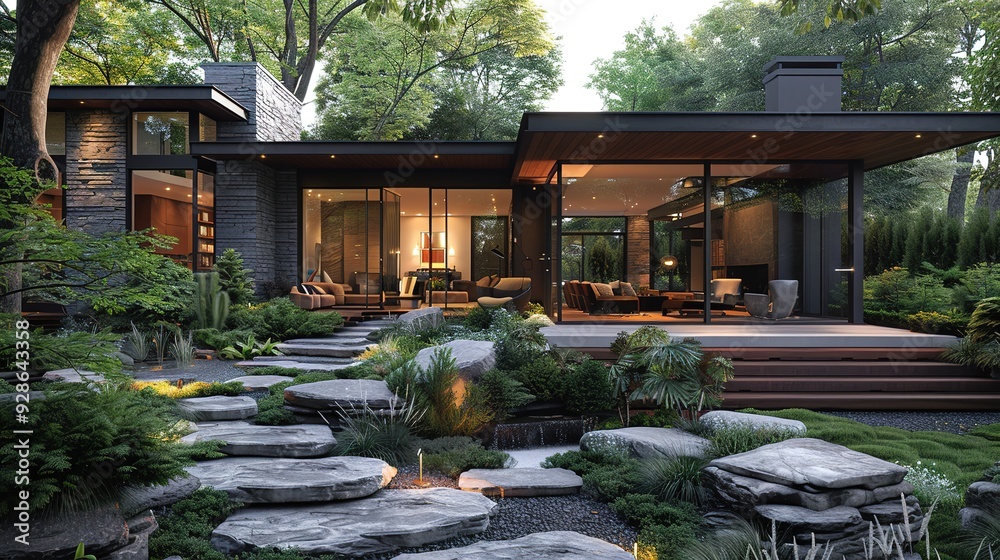 Modern home with stone pathway and lush greenery. Modern home with stone pathway and lush greenery.