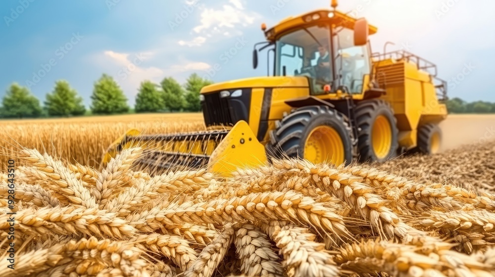 Fototapeta premium A combine harvester operates in a golden wheat field under bright sunlight, collecting crops during the peak of the harvesting season