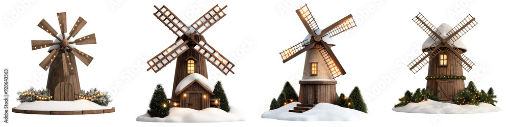 Obraz premium A picturesque set of snow-covered windmills, showcasing a cozy winter scene with rustic charm and serene beauty.