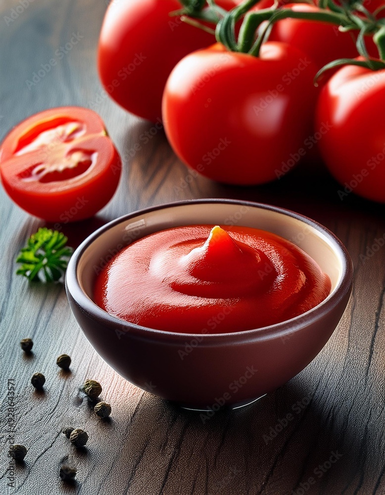 Fresh delicious ketchup in bowl with tomatoes Fresh delicious ketchup in bowl with tomatoes