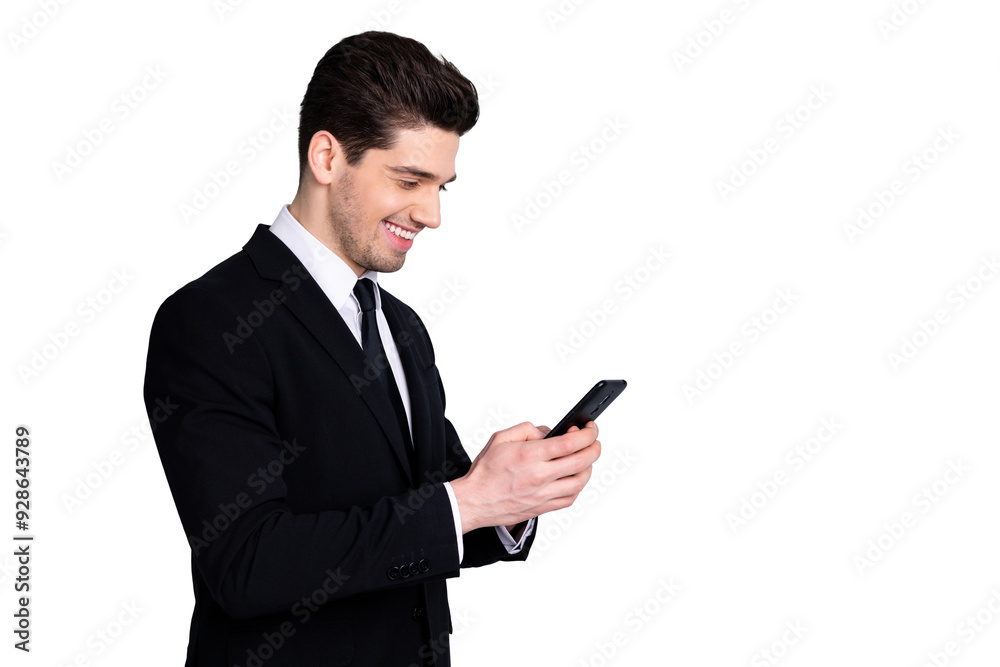 Profile side view photo of smart confident executive investor investment concept have success new contract get messages feel satisfied isolated wear trendy fashionable clothing on grey background Profile side view photo of smart confident executive investor investment concept have success new contract get messages feel satisfied isolated wear trendy fashionable clothing on grey background