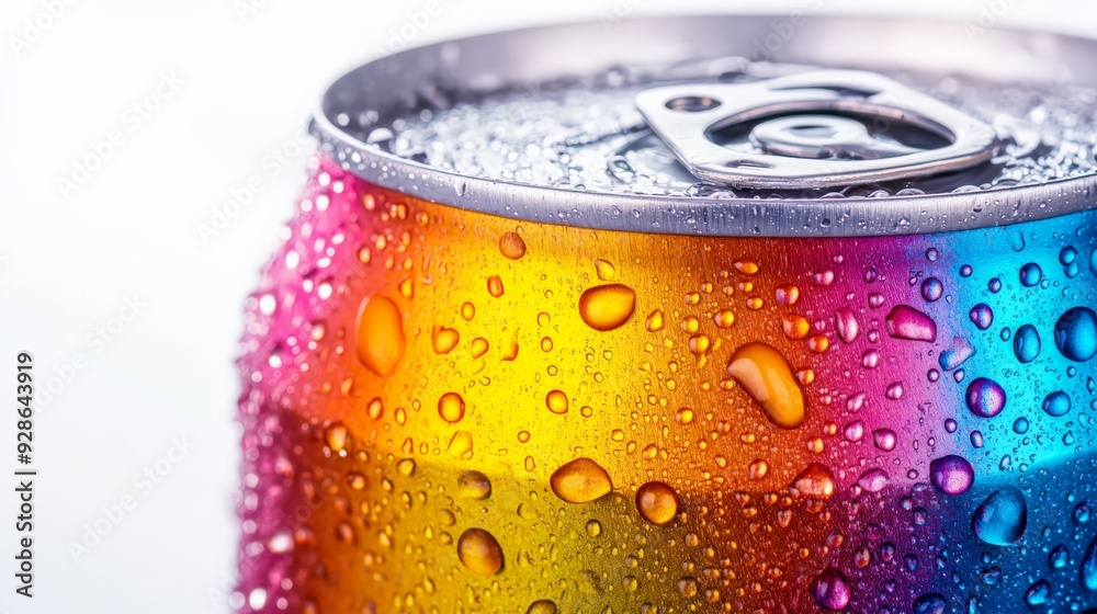Colorful soda can with condensation and rainbow design. Refreshing beverage can with vibrant colors and water droplets. Colorful soda can with condensation and rainbow design. Refreshing beverage can with vibrant colors and water droplets.