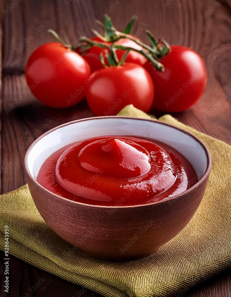 Fresh delicious ketchup in bowl with tomatoes Fresh delicious ketchup in bowl with tomatoes