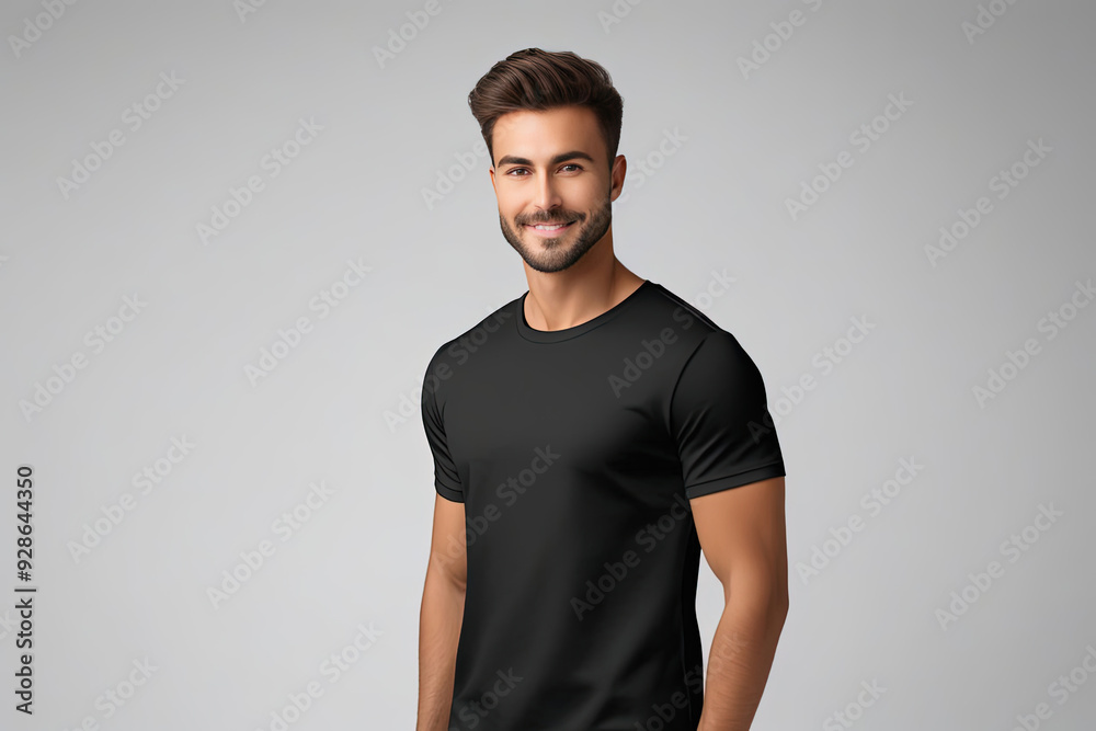 A smiling man wearing a plain black t-shirt against a grey background. A smiling man wearing a plain black t-shirt against a grey background.