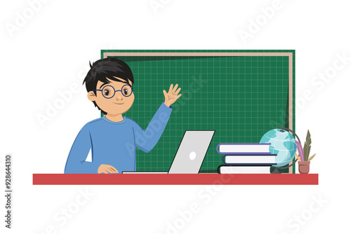 Cheerful boy participating in online class, with school items on the desk, in front of a green chalkboard