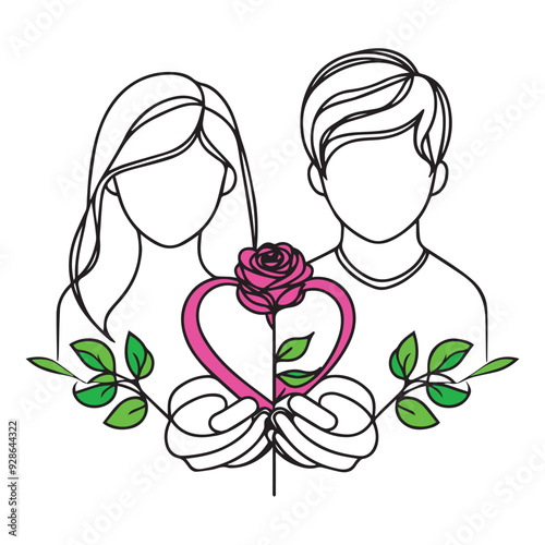 couple with roses, boy and girl holding pink rose vector line art illustration with heart.