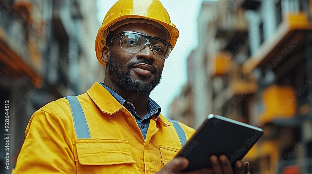 Engineers standing outdoors on a construction site using a tablet. Engineers standing outdoors on a construction site using a tablet.