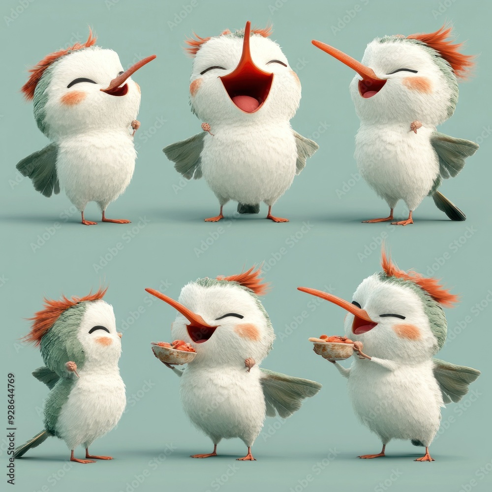 Fototapeta premium Cute animated birds expressing joy and playfulness in various poses.
