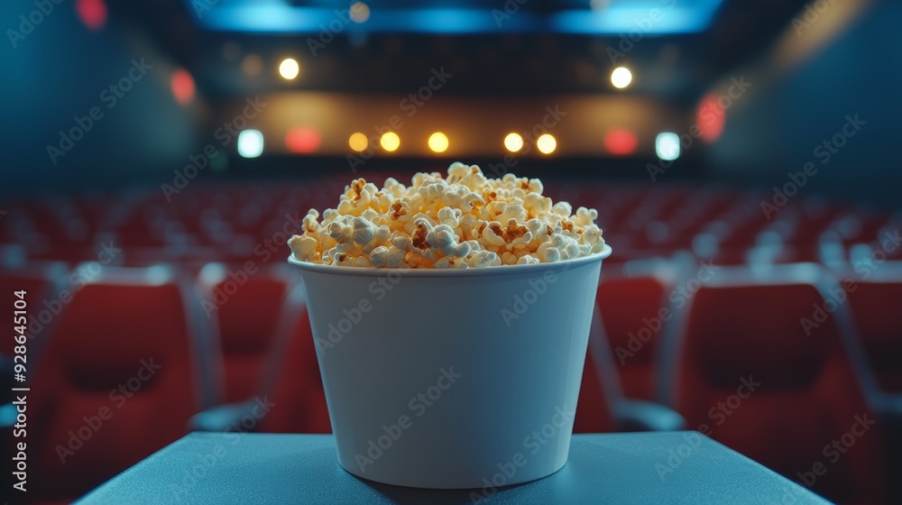 Popcorn in a white blank bucket in the cinema hall Popcorn in a white blank bucket in the cinema hall
