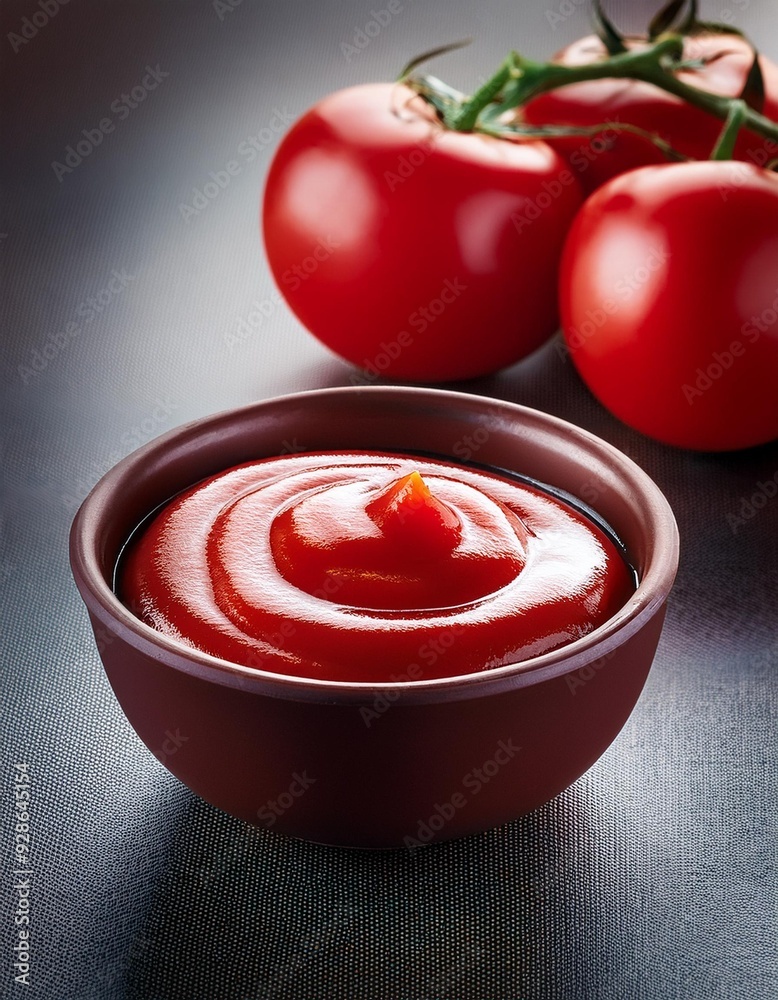 Fresh delicious ketchup in bowl with tomatoes Fresh delicious ketchup in bowl with tomatoes